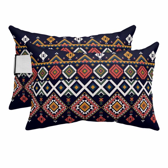 Outdoor Lumbar Pillows with Strap & Insert Pink Yellow Aztec Boho Recliner Head Pillow Pack of 2 Tribal Geometric Pattern Waterproof Headrest Patio Lounge Chair Pillows for Beach Office 11x16 Inch