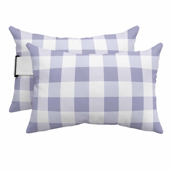 Outdoor Lumbar Pillows with Strap & Insert Purple White Buffalo Plaid Recliner Head Pillow Pack of 2 Classic Checked Waterproof Headrest Patio Lounge Chair Pillows for Beach Office 12x20 Inch