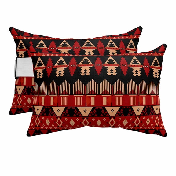 Outdoor Lumbar Pillows with Strap & Insert Red Aztec Boho Recliner Head Pillow Pack of 2 Tribal Geometric Pattern Waterproof Headrest Patio Lounge Chair Pillows for Beach Office 11x16 Inch