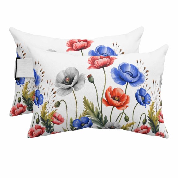 Outdoor Lumbar Pillows with Strap & Insert Red Blue Poppy FLoral Recliner Head Pillow Pack of 2 Nature FLoral Leaves Waterproof Headrest Patio Lounge Chair Pillows for Beach Office 11x16 Inch