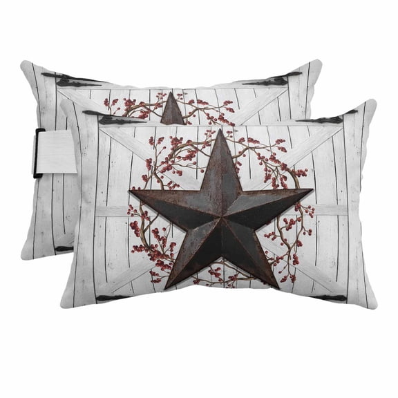 Outdoor Lumbar Pillows with Strap & Insert Rusty Barn Star Berry Recliner Head Pillow Pack of 2 Rustic Farmhouse Door Wall Waterproof Headrest Patio Lounge Chair Pillows for Beach Office 11x16 Inch