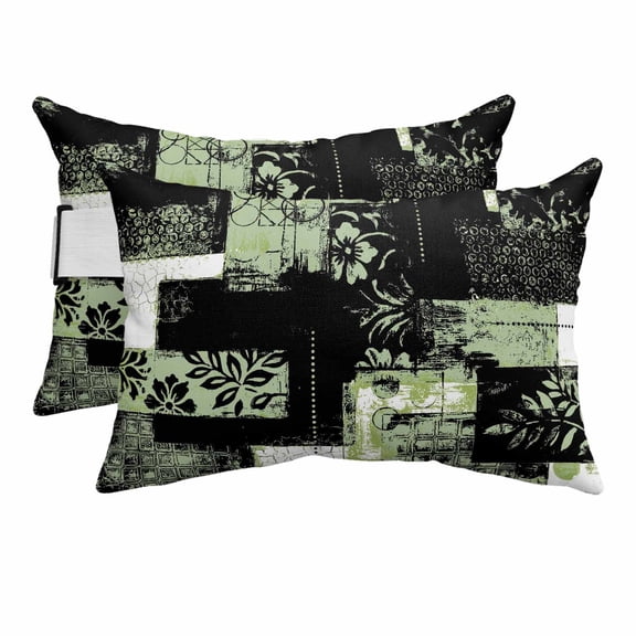 Outdoor Lumbar Pillows with Strap & Insert Sage Green Black Floral Leaves Recliner Head Pillow Pack of 2 Boho Plaid Collage Waterproof Headrest Patio Lounge Chair Pillows for Beach Office 12x20 Inch