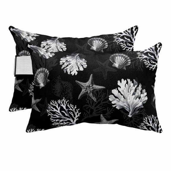 Outdoor Lumbar Pillows with Strap & Insert Seaweed Starfish Shell Recliner Head Pillow Pack of 2 Black Coral Marine Life Waterproof Headrest Patio Lounge Chair Pillows for Beach Office 11x16 Inch