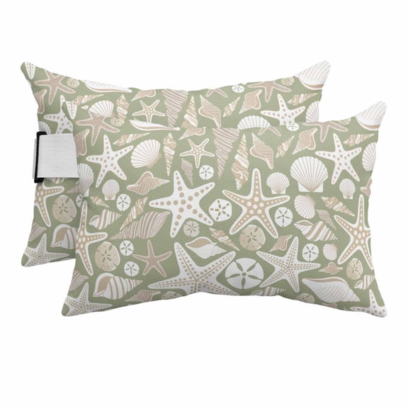Outdoor Lumbar Pillows with Strap & Insert Shell Starfish Recliner Head Pillow Pack of 2 Ocean Conch Beach Sage Green Waterproof Headrest Patio Lounge Chair Pillows for Beach Office 11x16 Inch