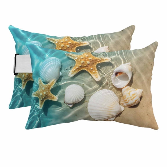 Outdoor Lumbar Pillows with Strap & Insert Shell Starfish Recliner Head Pillow Pack of 2 Teal Blue Summer Beach Waterproof Headrest Patio Lounge Chair Pillows for Beach Office 12x20 Inch