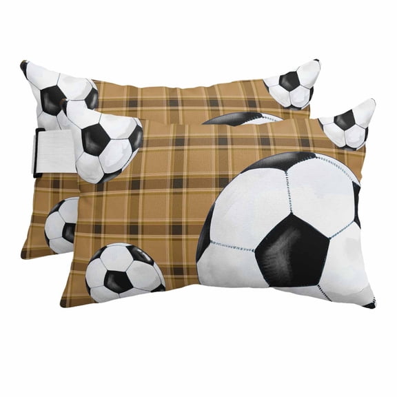 Outdoor Lumbar Pillows with Strap & Insert Soccer Balls Recliner Head Pillow Pack of 2 Sports Yellow Buffalo Plaid Waterproof Headrest Patio Lounge Chair Pillows for Beach Office 11x16 Inch