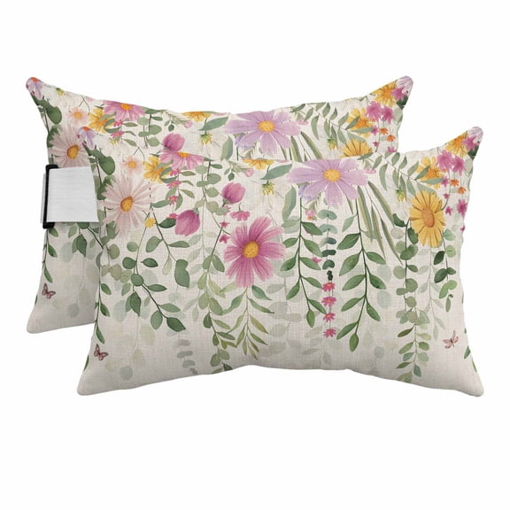 Outdoor Lumbar Pillows with Strap & Insert Spring Floral Recliner Head Pillow Pack of 2 Daisy Eucalyptus Leaves Linen Waterproof Headrest Patio Lounge Chair Pillows for Beach Office 11x16 Inch