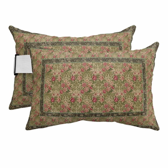 Outdoor Lumbar Pillows with Strap & Insert Spring Flowers Recliner Head Pillow Pack of 2 Brown Retro Floral Bird Waterproof Headrest Patio Lounge Chair Pillows for Beach Office 11x16 Inch