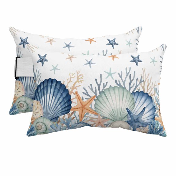 Outdoor Lumbar Pillows with Strap & Insert Starfish Shell Conch Recliner Head Pillow Pack of 2 Ocean Coral Marine Life Waterproof Headrest Patio Lounge Chair Pillows for Beach Office 12x20 Inch
