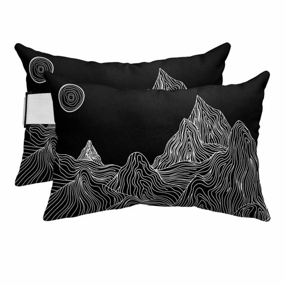 Outdoor Lumbar Pillows with Strap & Insert Sun Mountains Recliner Head Pillow Pack of 2 Black Abstract Lines Landscapes Waterproof Headrest Patio Lounge Chair Pillows for Beach Office 11x16 Inch
