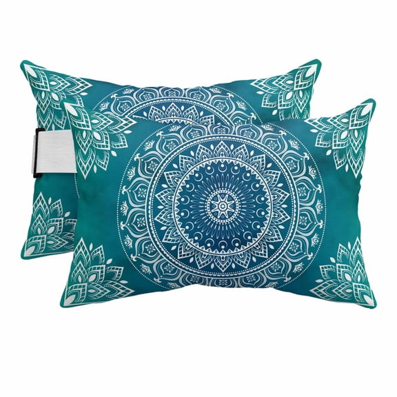 Outdoor Lumbar Pillows with Strap & Insert Teal Blue Boho Recliner Head Pillow Pack of 2 Gorgeous Bohemian Flower Waterproof Headrest Patio Lounge Chair Pillows for Beach Office 11x16 Inch