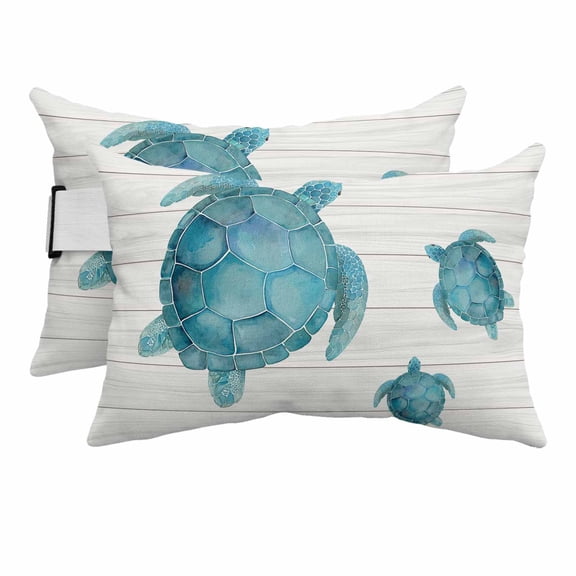 Outdoor Lumbar Pillows with Strap & Insert Teal Blue Sea Turtle Recliner Head Pillow Pack of 2 Ocean Wood Grain Waterproof Headrest Patio Lounge Chair Pillows for Beach Office 12x20 Inch