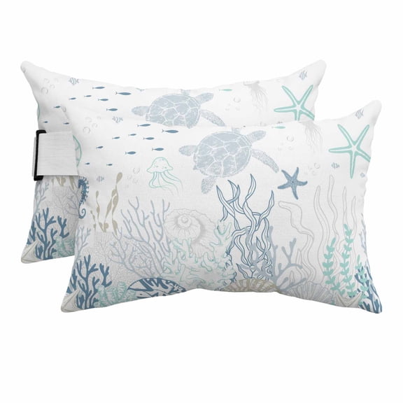 Outdoor Lumbar Pillows with Strap & Insert Teal Blue Turtle Shell Recliner Head Pillow Pack of 2 Coral Conch Seaweed Starfish Waterproof Patio Lounge Chair Pillows for Beach Office 11x16 Inch