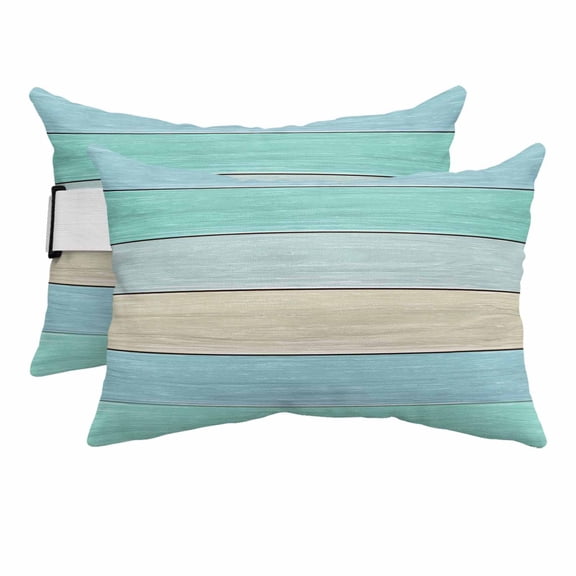 Outdoor Lumbar Pillows with Strap & Insert Teal Blue Wood Grain Recliner Head Pillow Pack of 2 Rustic Farmhouse Wooden Plank Waterproof Patio Lounge Chair Pillows for Beach Office 11x16 Inch