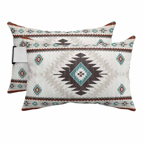 Outdoor Lumbar Pillows with Strap & Insert Teal Brown Bohemian Recliner Head Pillow Pack of 2 Aztec Boho Tribal Waterproof Headrest Patio Lounge Chair Pillows for Beach Office 11x16 Inch