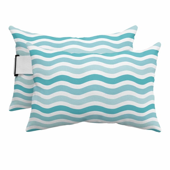 Outdoor Lumbar Pillows with Strap & Insert Teal Nautical Waves Recliner Head Pillow Pack of 2 Lines Striped Waterproof Headrest Patio Lounge Chair Pillows for Beach Office Chaise Chair 11x16 Inch