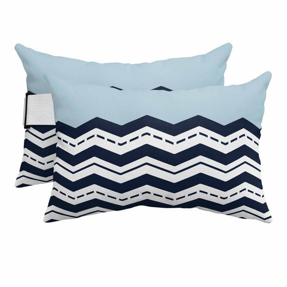 Outdoor Lumbar Pillows with Strap & Insert Teal Navy Blue Waves Recliner Head Pillow Pack of 2 Chevron Stripe Waterproof Headrest Patio Lounge Chair Pillows for Beach Office 11x16 Inch