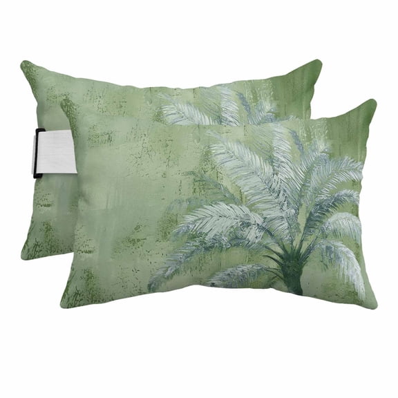 Outdoor Lumbar Pillows with Strap & Insert Tropical Palm Tree Recliner Head Pillow Pack of 2 Green Graffiti Coastal Island Waterproof Headrest Patio Lounge Chair Pillows for Beach Office 11x16 Inch