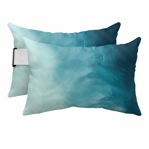 Outdoor Lumbar Pillows with Strap & Insert Turquoise Beach Waves Recliner Head Pillow Pack of 2 Ombre Ocean Waterproof Headrest Patio Lounge Chair Pillows for Beach Office Chaise Chair 11x16 Inch
