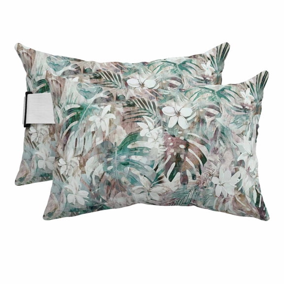 Outdoor Lumbar Pillows with Strap & Insert Turquoise Palm Leaves Recliner Head Pillow Pack of 2 Spring Flower Waterproof Headrest Patio Lounge Chair Pillows for Beach Office 11x16 Inch