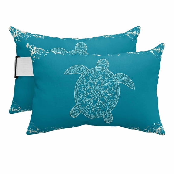 Outdoor Lumbar Pillows with Strap & Insert Turquoise Sea Turtle Recliner Head Pillow Pack of 2 Ocean Marine Life Waterproof Headrest Patio Lounge Chair Pillows for Beach Office 12x20 Inch