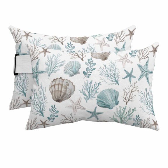 Outdoor Lumbar Pillows with Strap & Insert Turquoise Starfish Shell Recliner Head Pillow Pack of 2 Coral Ocean Marine Life Waterproof Headrest Patio Lounge Chair Pillows for Beach Office 11x16 Inch