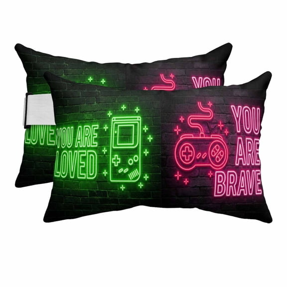 Outdoor Lumbar Pillows with Strap & Insert Video Game Recliner Head Pillow Pack of 2 Shiny Gaming Icons Playing Gamer Waterproof Headrest Patio Lounge Chair Pillows for Beach Office 11x16 Inch