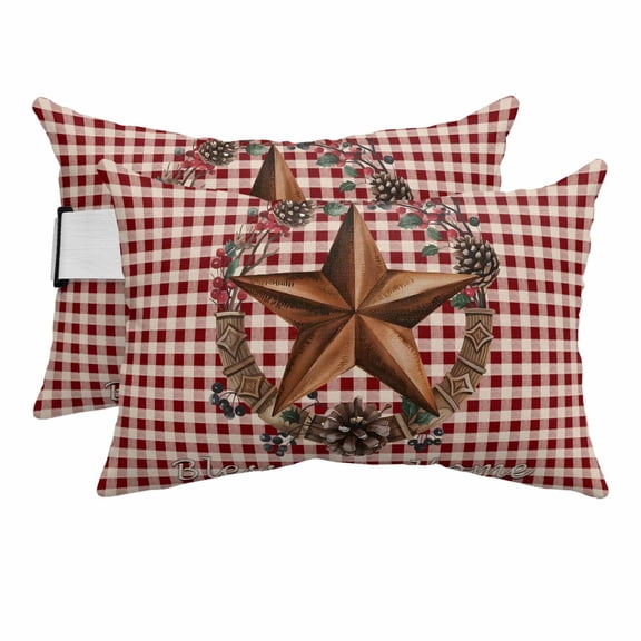 Outdoor Lumbar Pillows with Strap & Insert Western Barn Stars Berry Recliner Head Pillow Pack of 2 Bless This Home Red Plaid Waterproof Patio Lounge Chair Pillows for Beach Office 11x16 Inch