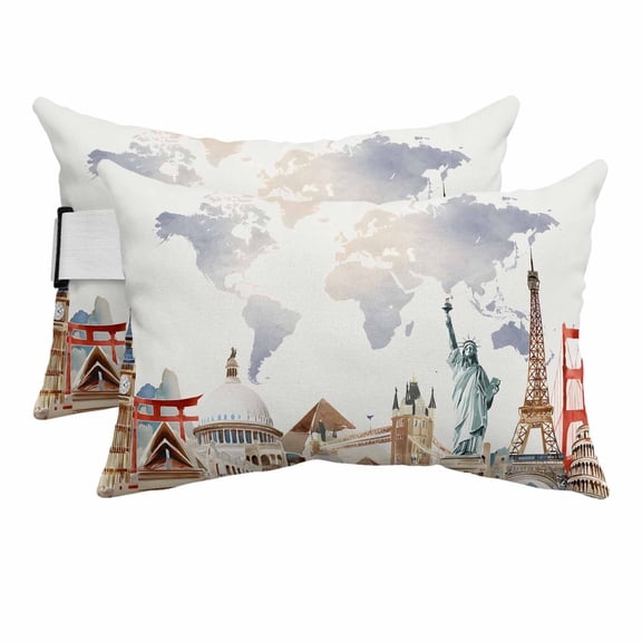 Outdoor Lumbar Pillows with Strap & Insert World Map Recliner Head Pillow Pack of 2 Famous Building Tourism Landscape Waterproof Headrest Patio Lounge Chair Pillows for Beach Office 11x16 Inch