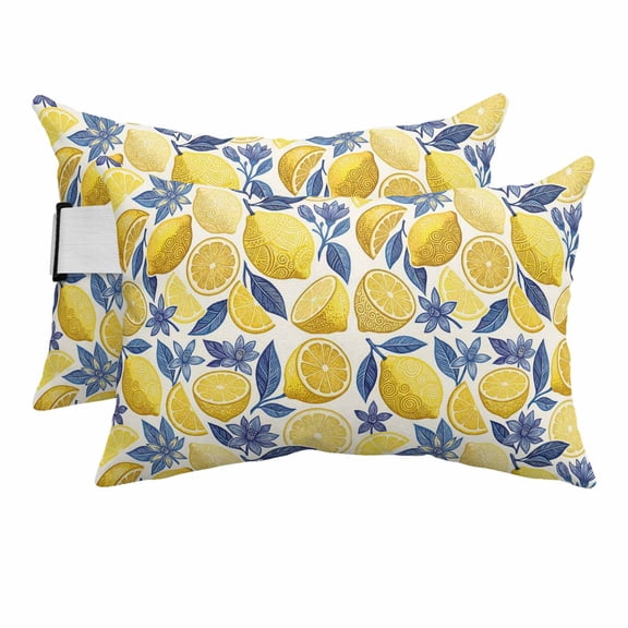 Outdoor Lumbar Pillows with Strap & Insert Yellow Lemon Slice Recliner Head Pillow Pack of 2 Fruit Blue Flower Leaves Waterproof Headrest Patio Lounge Chair Pillows for Beach Office 12x20 Inch