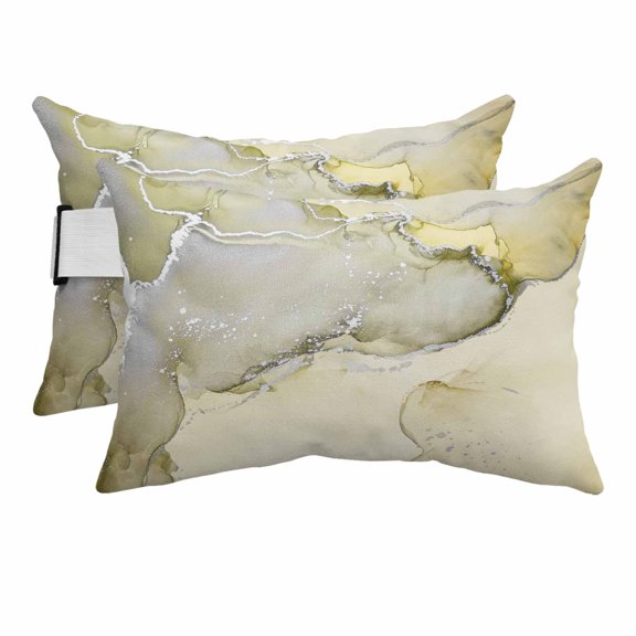 Outdoor Lumbar Pillows with Strap & Insert Yellow Marble Recliner Head Pillow Pack of 2 Abstract Waves Cloud Waterproof Headrest Patio Lounge Chair Pillows for Beach Office Chaise Chair 11x16 Inch