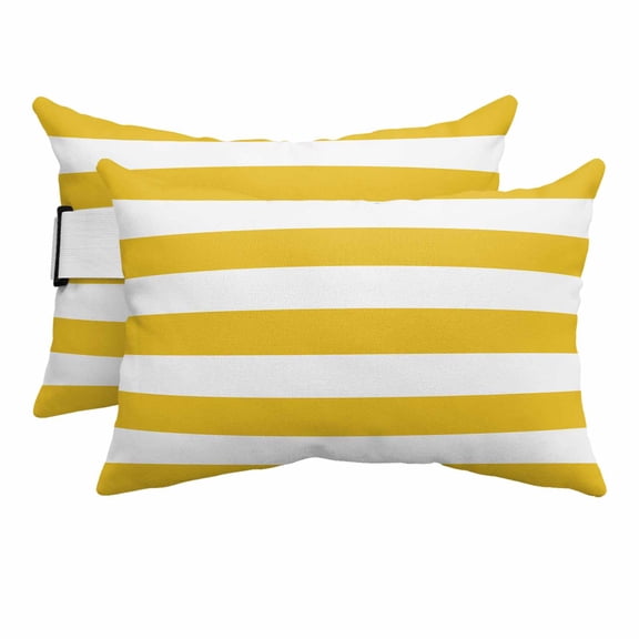 Outdoor Lumbar Pillows with Strap & Insert Yellow White Stripe Recliner Head Pillow Pack of 2 Simple Style Striped Waterproof Headrest Patio Lounge Chair Pillows for Beach Office 11x16 Inch