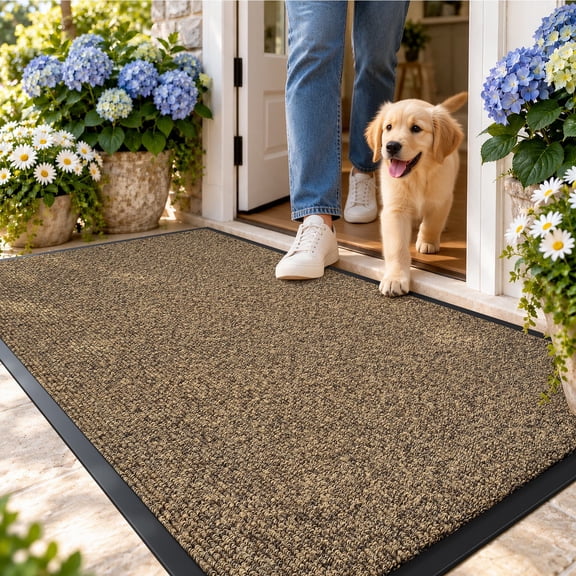 Outdoor Mat Non Slip Doormat 17"x30", Front Door Mat Outside Absorbent Welcome Mat, Trap Dirt & Moisture, Fade Resistant Entryway Mat, Low Profile Mat for Indoor House Entry Garage, Easy Clean, Brown