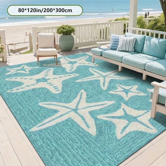 Outdoor Mat With Turquoise Blue & White Starfish Print, 16*24inch/40*60cm, Non-Slip Rubber Backing, Machine-Washable Rectangular Area Rug For Patio,
