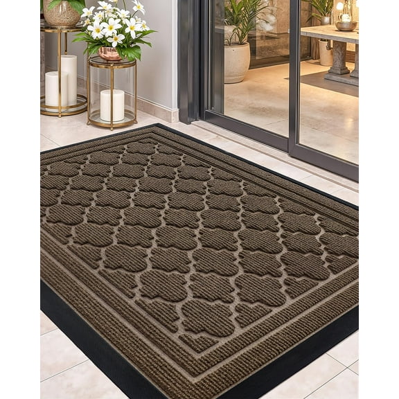 Front Door Mat Outside Entrance, Heavy Duty Non Slip Low Profile Doormat for Entryway, Trap Dirt and Moisture Welcome Mats All-Weather, Easy Clean, Patio, Garage, 24"x36" Brown