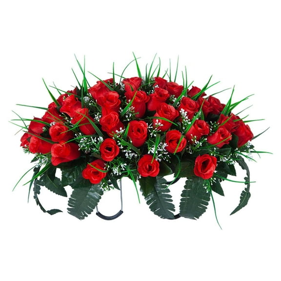 Outdoor Memorial Flower Saddle for Headstones - Large Artificial Cemetery Rose Flowers, Red Grave Tombstone Decorations, Durable Grave Decor