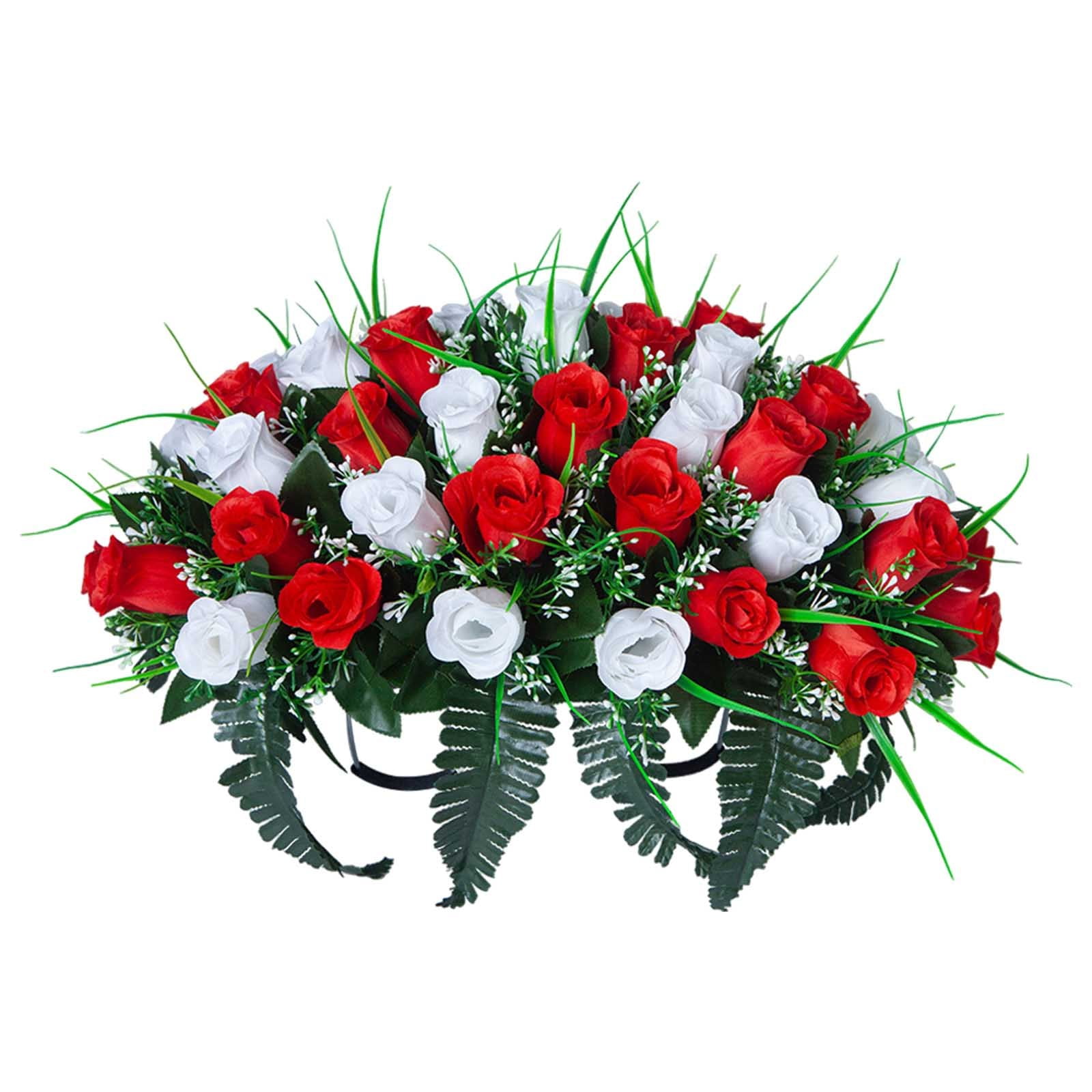 Outdoor Memorial Grave Saddle - Red & White Silk Rose Headstone Decoration, All-Weather Artificial Flowers for Cemetery & Gravesite