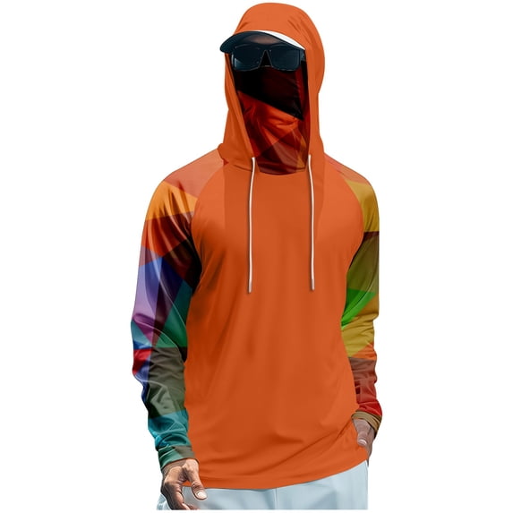 Outdoor Men Color Block Raglan Sun Protection Hooded Shirts Long Sleeve Full Face Neck Gaiter Breathable Quick Dry Fishing Rash Guard