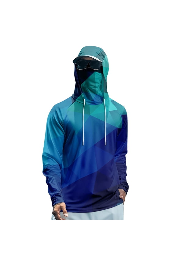 Outdoor Men Geometric Print Sun Protection Hooded Shirts Long Sleeve Full Face Neck Gaiter Breathable Quick Dry Fishing Rash Guard