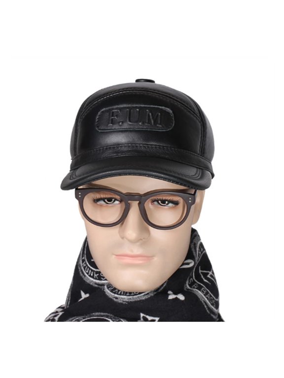 Outdoor Men Winter Fur Warm Genuine Leather Sheepskin Head Protection Baseball Caps Black Embossing Adjustable Hat For Man ,Unisex