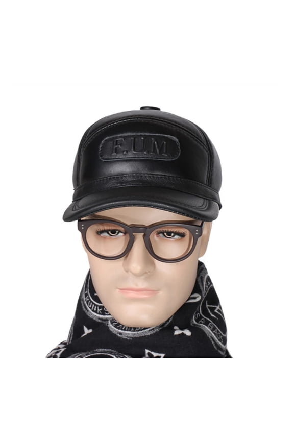 Outdoor Men Winter Fur Warm Genuine Leather Sheepskin Head Protection Baseball Caps Black Embossing Adjustable Hat For Man ,Unisex