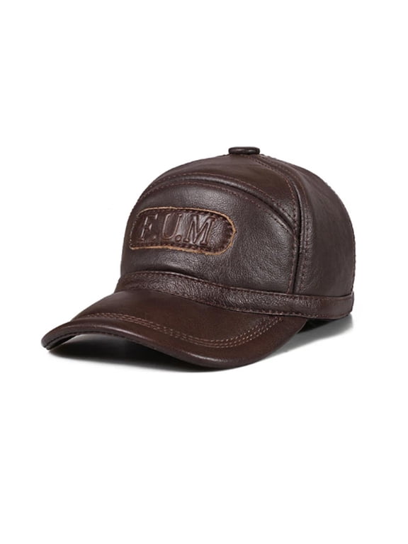 Outdoor Men Winter Fur Warm Genuine Leather Sheepskin Head Protection Baseball Caps Black Embossing Adjustable Hat For Man ,Unisex
