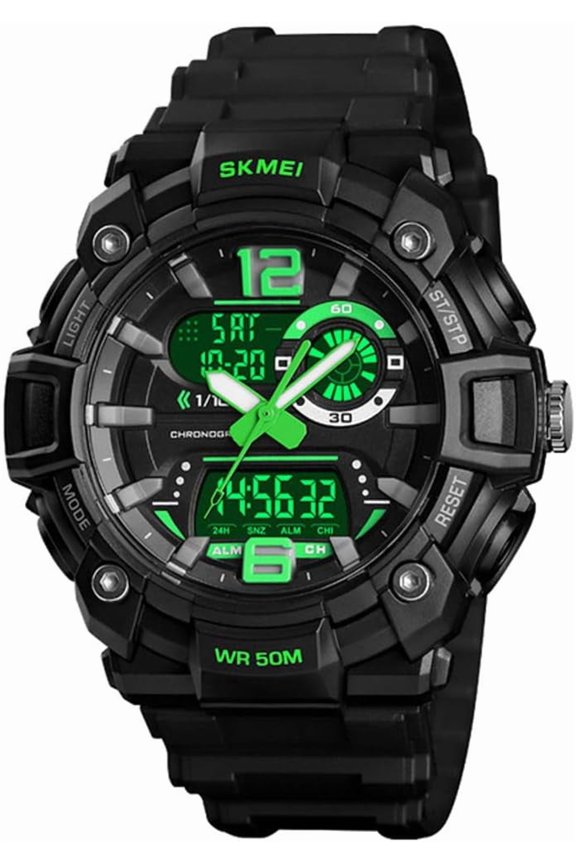 Outdoor Mens Dual Time Digital Sports Waterproof Watch LED Luminous Alarm Stopwatch Army Military Watch