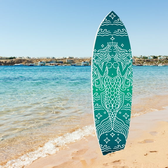 Outdoor Mermaid Surfboard Wall Art – Weatherproof PVC – Coastal Mermaid Sign for Beach House or Pool Area – Nautical Ocean Accent, Green 4ft