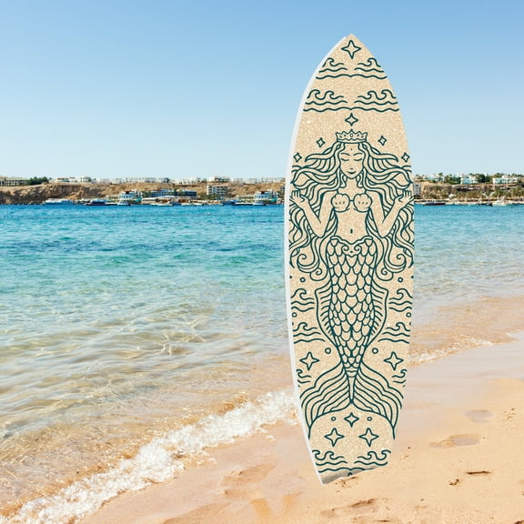 Outdoor Mermaid Surfboard Wall Art – Weatherproof PVC – Coastal Mermaid Sign for Beach House or Pool Area – Nautical Ocean Accent, Sand 3ft