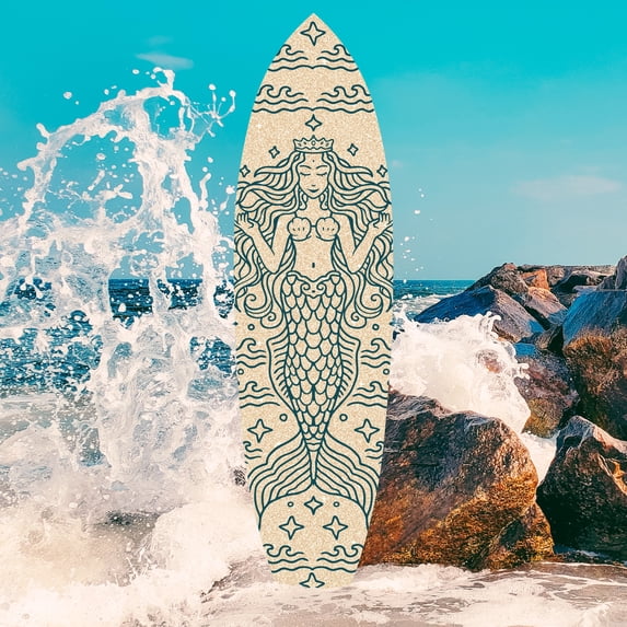 Outdoor Mermaid Surfboard Wall Art – Weatherproof PVC – Coastal Mermaid Sign for Beach House or Pool Area – Nautical Ocean Accent, Sand 4ft