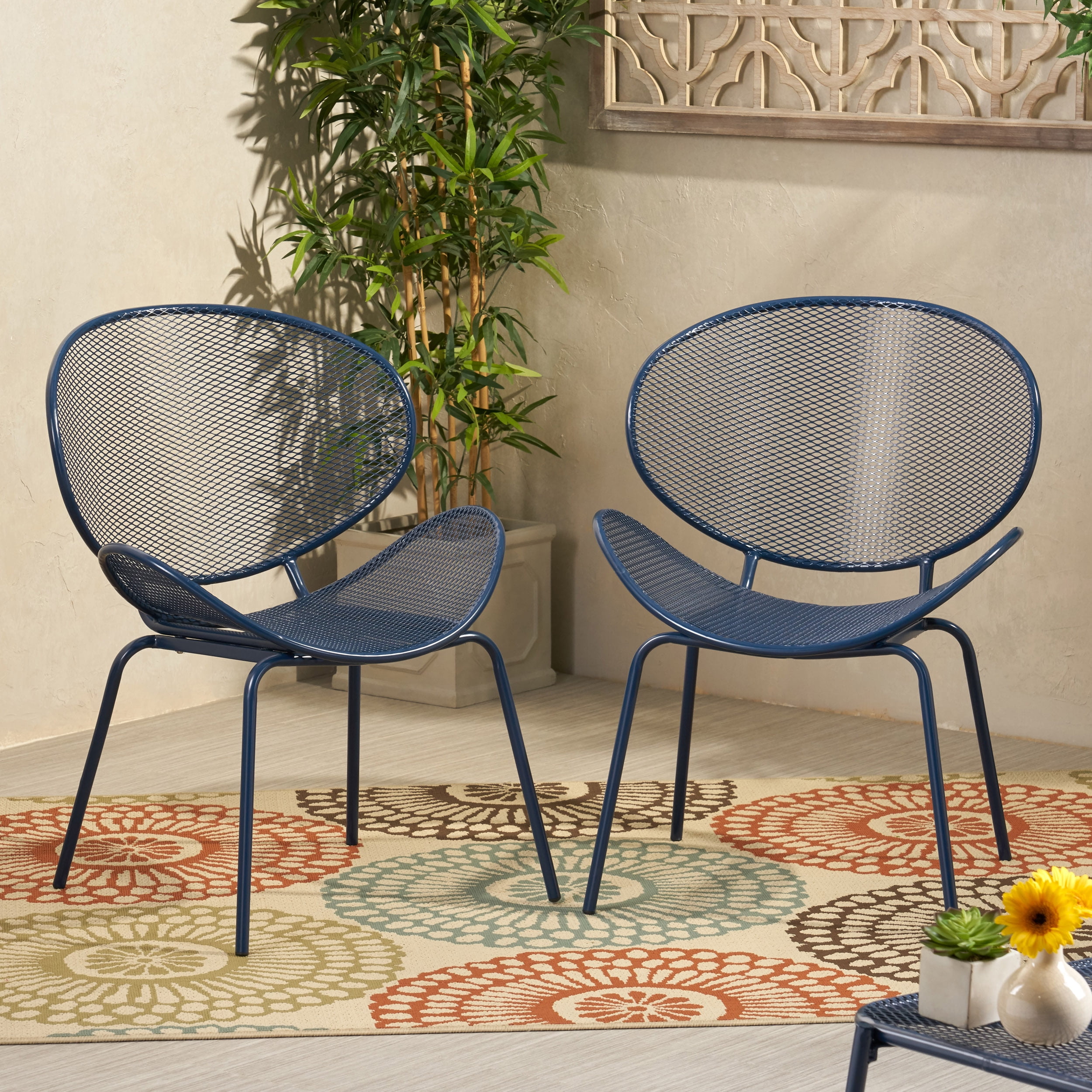 Outdoor Mesh Leisure Chair Set of 2, Shell Style Seats for Patio Garden, Navy Blue