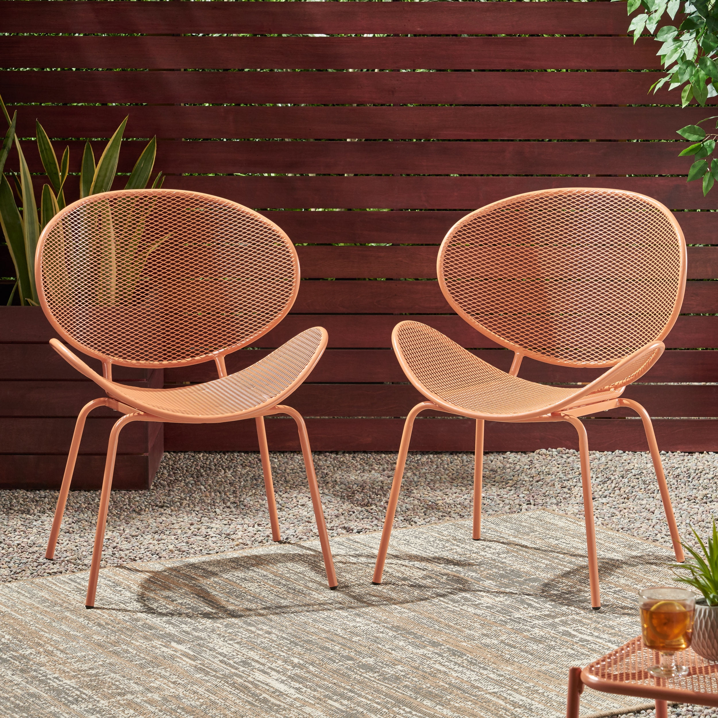 Outdoor Mesh Leisure Chair Set of 2, Shell Style Seats for Patio Garden, Orange
