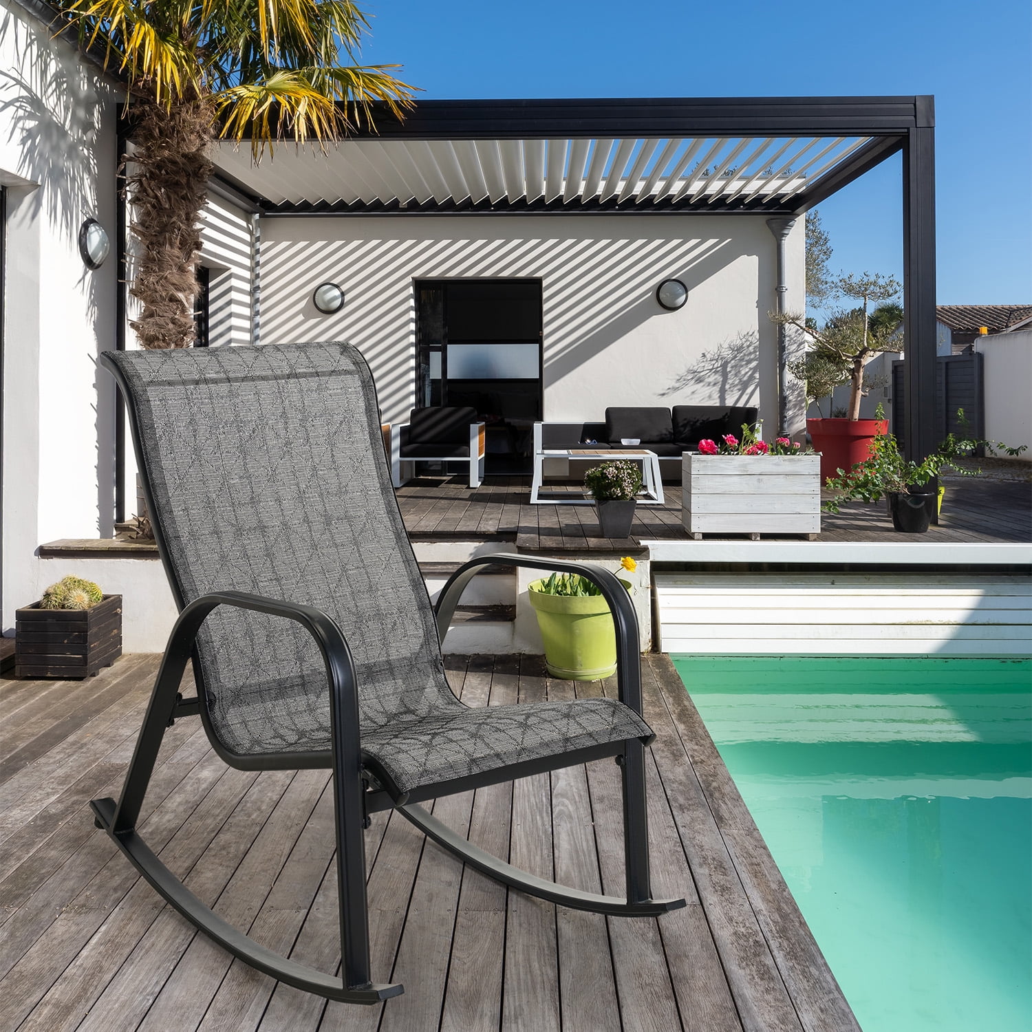 Outdoor Mesh Sling Rocking Chair Steel Rocker Seating Outside for Front Porch Garden Patio Backyard Black