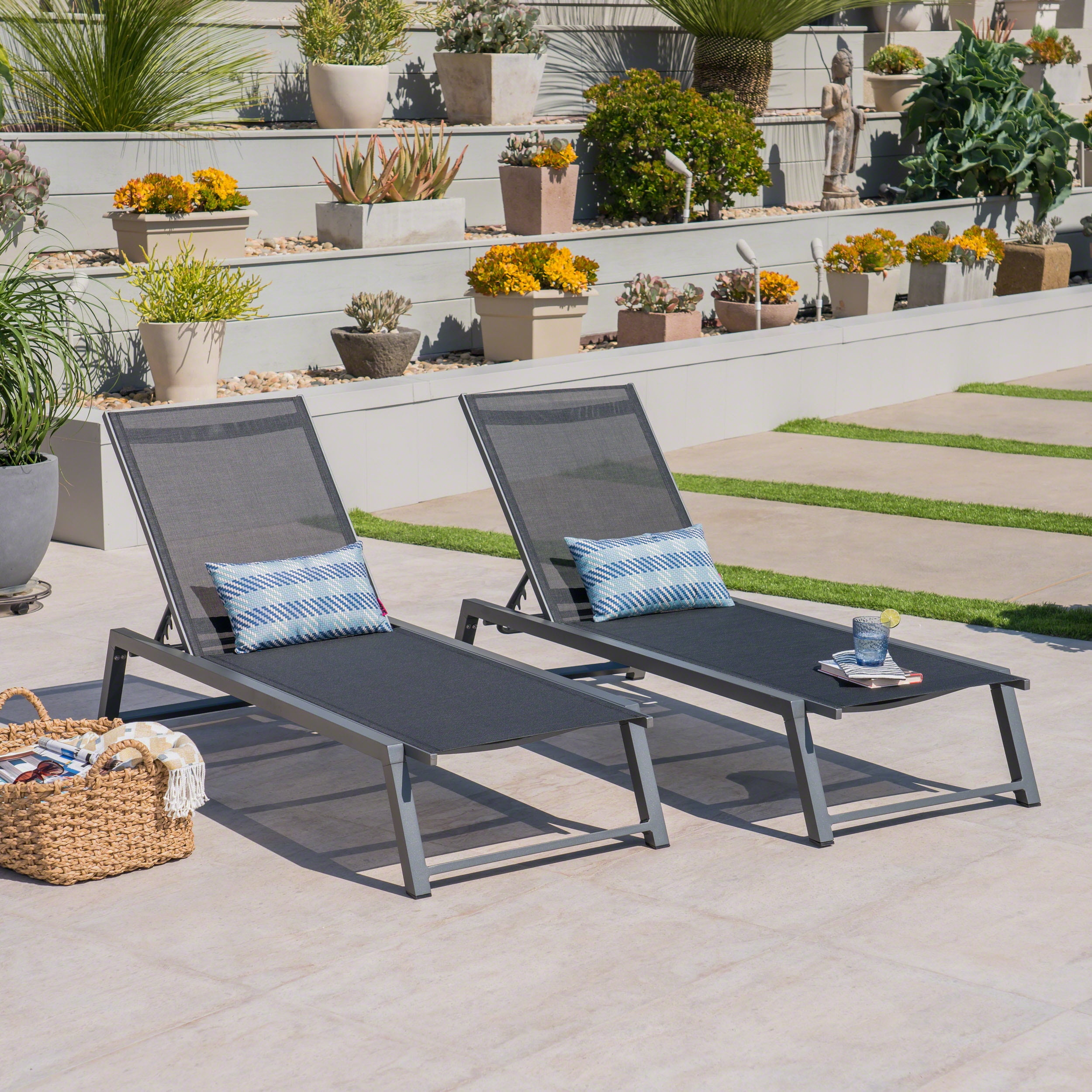 Outdoor Mesh Surface Chaise Lounge Set of 2, Poolside Rest Recliners for Patio Garden, Black